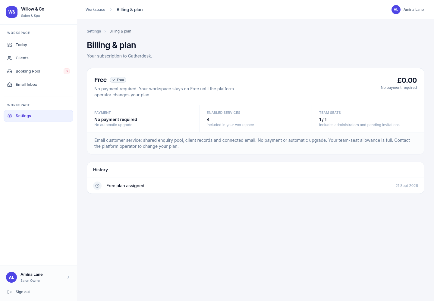 Gatherdesk Billing & plan screen illustrating a workspace on the Free plan, with no payment required and its included services.