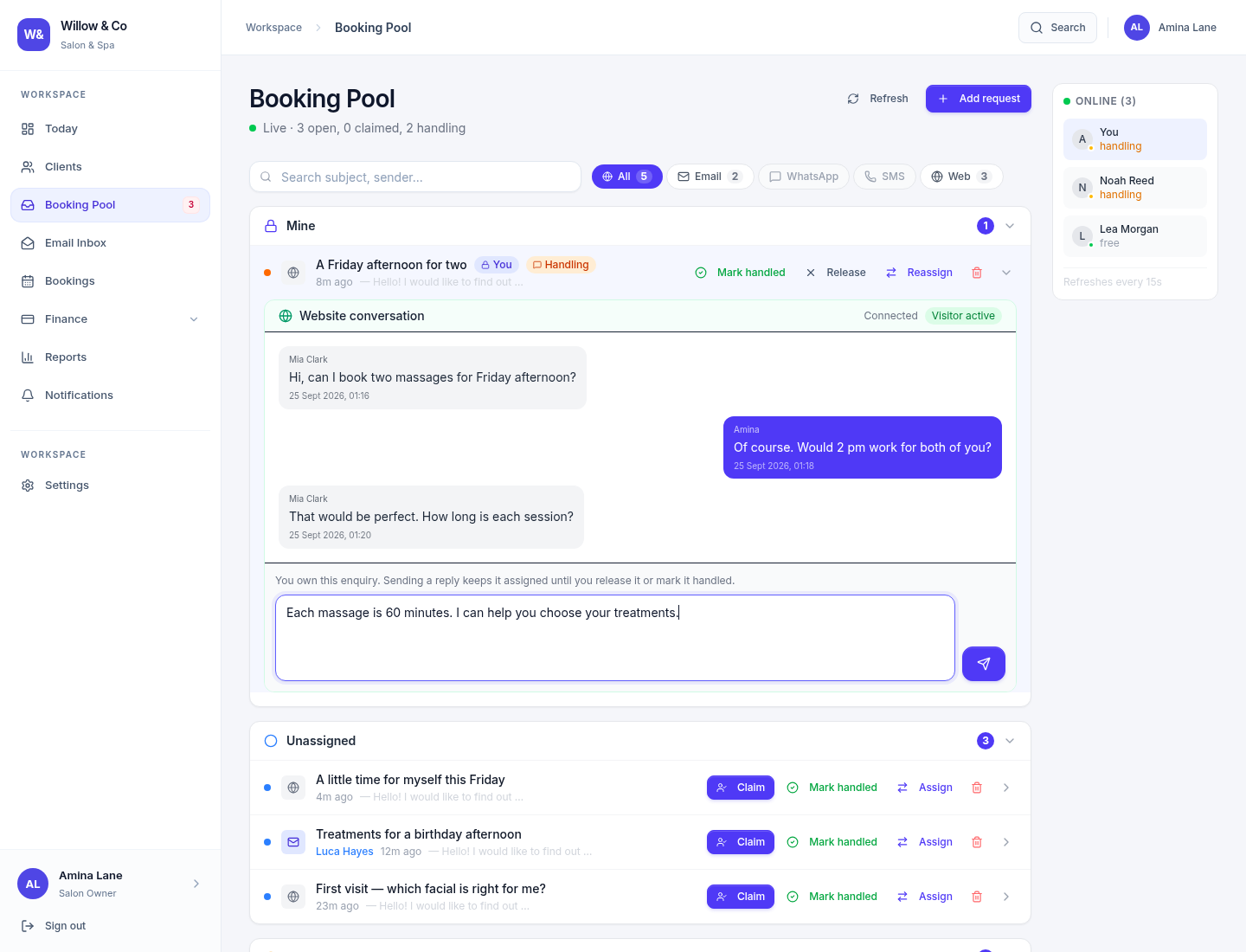 An expanded Gatherdesk website enquiry showing visitor and team messages, its current owner, a reply composer and ownership actions.