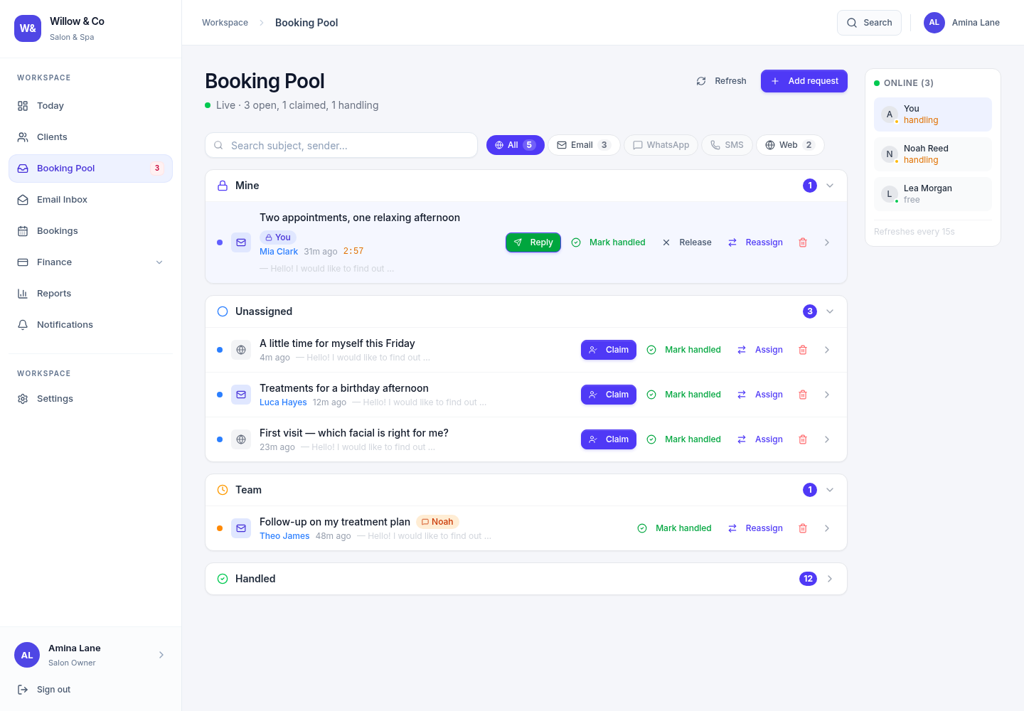 Gatherdesk enquiry pool for the fictional Willow & Co salon with requests grouped by ownership and channel filters.