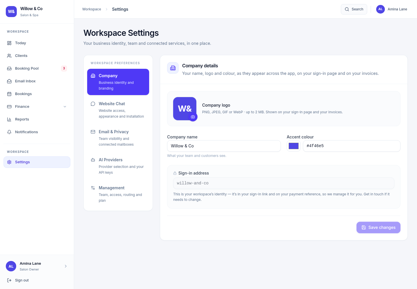 Gatherdesk workspace settings for the fictional Willow & Co salon, with Company, Website Chat, Email & Privacy, AI Providers and Management tabs.